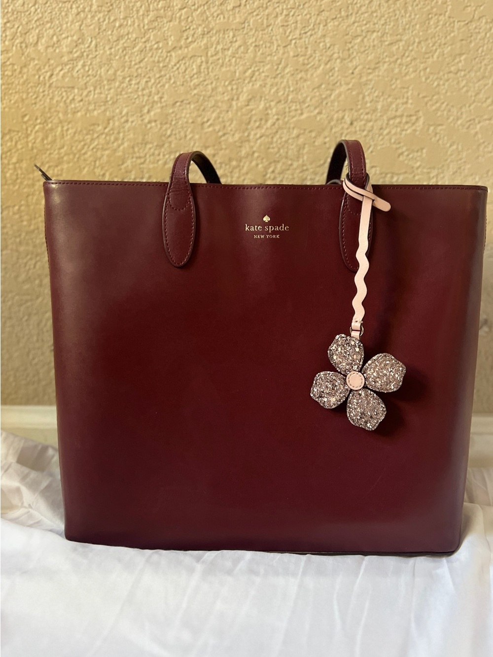 Kate Spade Kerri Medium Tote Bag Burgundy Leather with Glitter Flower Charm
